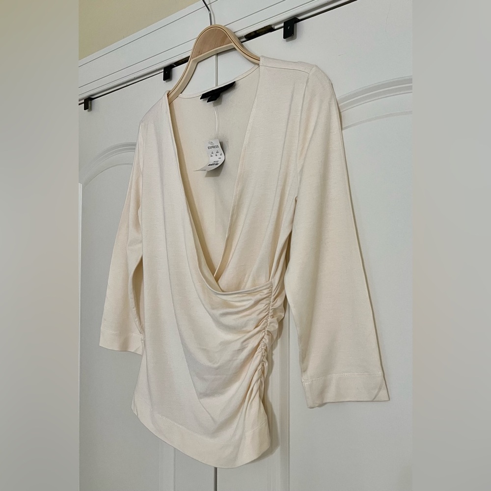 NWT - Express Long Sleeve Surplice Neck Ruched Top - Cream - MEDIUM